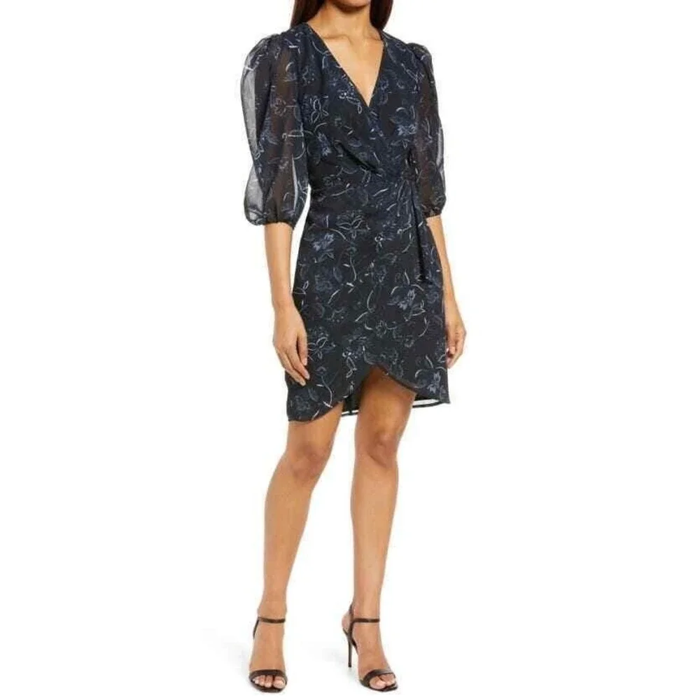 NEW $99 Halogen Womens Small Faux Wrap Floral Dress Chiffon In Bali Black‎